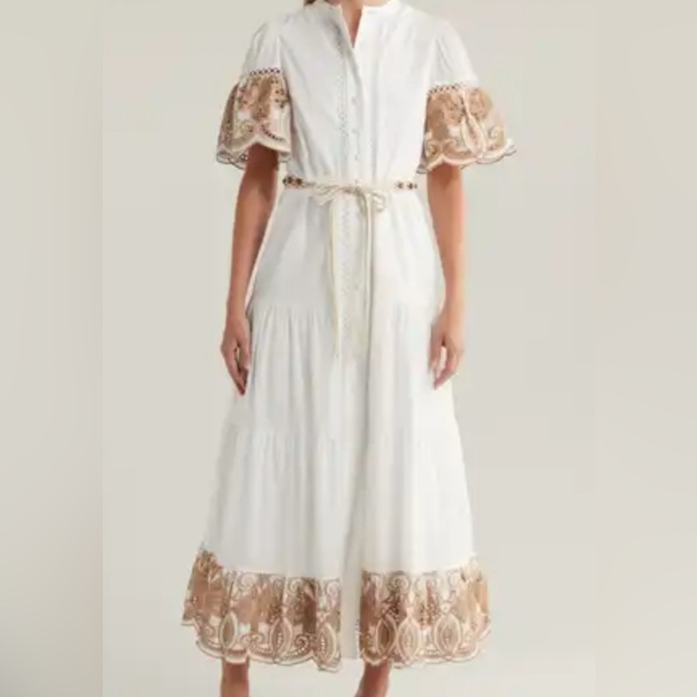Love By Design White and Tan Embroidered Flutter Sleeve Maxi Sundress